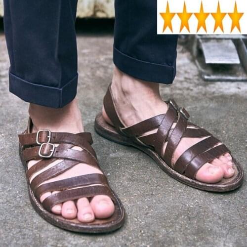 Vintage Weave Summer Men Handmade Sandal Buckle Strap Gladiator Cowhide Genuine Leather Shoes Outside Flat Mens Roman Sandals