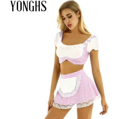 Womens School Girls Uniform Fancy Cosplay Costume Scotland Style Role Play Outfit Square Neck With Lace Crop Top with Mini Skirt