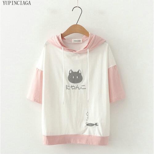 Women Cartoon Cat Fish Embroidered Hooded Sweatshirt Short-Sleeve Student Loose Sweet 2020 Summer Harajuku Hoodies Pullover