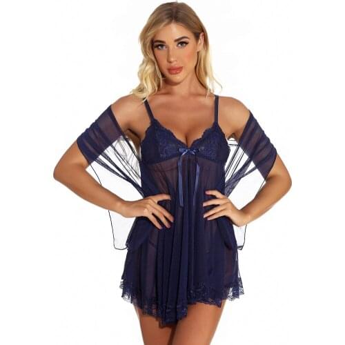Plus Size S-6XL Sexy Lingerie Erotic Costumes Lingerie for Women Babydoll Chemise Mesh Sleepwear Dress + Shawl + G String