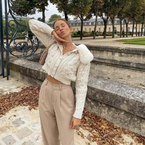 Women Fashion Faux Fur Collar Patchwork Knitted Za White Cardigans Stylish Ladies Single Breasted Elastic Twist Sweaters Outwear