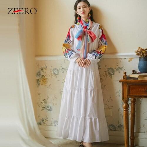 Women Ethnic Style Color Embroidery Lantern Sleeve Pleated Long Dress Female Casual Loose Silk Scarf Splicing Big Swing Dresses