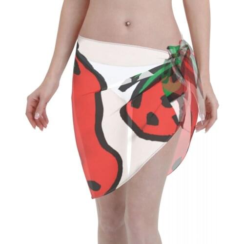 Women See-Through Beach Bikini Cover Up Wrap Scarf Swimwear Pareo Sarong Dress Funny Strawberry Print Casual Beach Dress