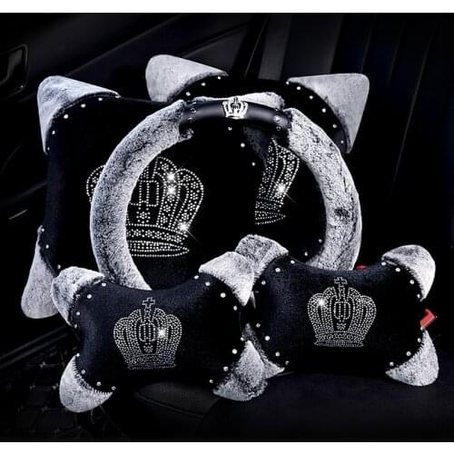 Winter Crystal Crown Plush Car Headrest Pillow Rhinestone Neck Pillow Seat Back Support Crown Plush Cushion Auto Car Accessories