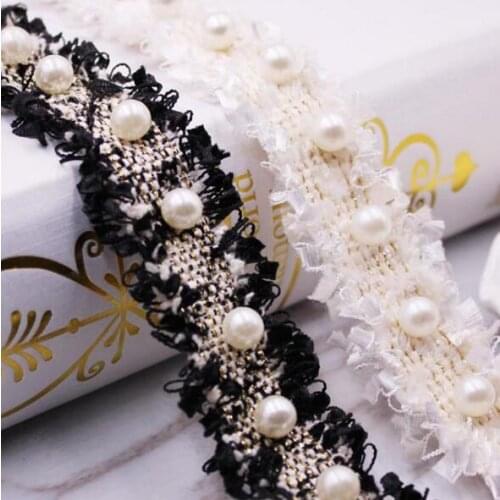 10Yards High Quality Korean Braid Lace Ribbon Pearl Trims Black Beaded Lace Trim Braided For Costume Decoration Sewing Supplies