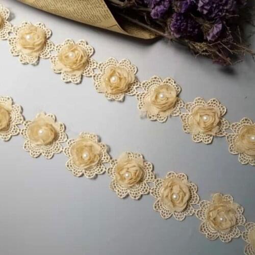 20pcs/lot Gold 5x5cm 3D Cotton Pearl Flower Embroidered Lace Trim Ribbon Fabric Handmade DIY Wedding Dress Sewing Supplies Craft