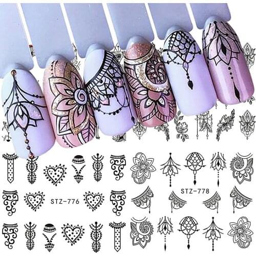 3D Nail Stickers Black Lines Geometric Leaves Heart Nail Design Adhesive Sliders for Manicure Decoration Art Decals