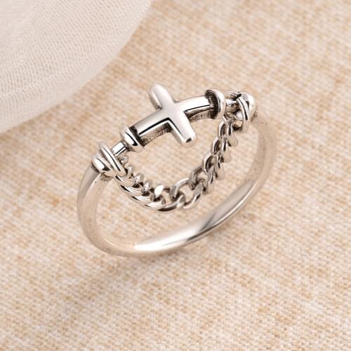 ANENJERY 925 Sterling Silver Vintage Punk Cross Thai Silver Ring With Silver Chain Open Finger Ring Jewelry Wholesale S-R636