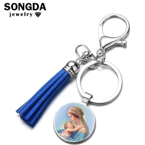 SONGDA Catholic Virgin Mary Keychain Trendy Multicolor Tassel Pendant Car Key Chain High Quality Metal Key Ring Believers Gifts
