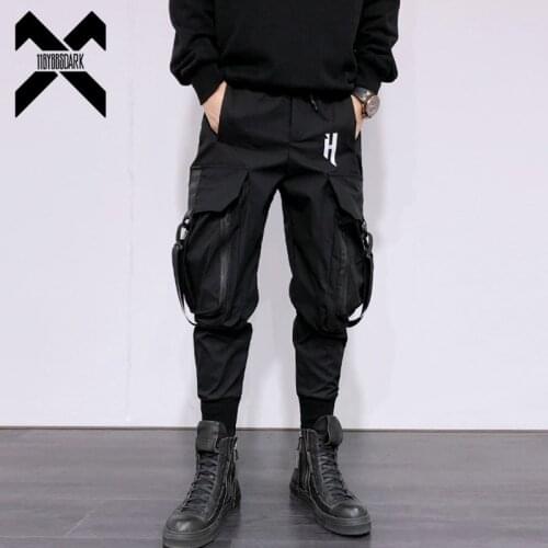 Tactical Functional Cargo Pants Joggers Men Ribbons Multi-pocket Trousers 2021 Autumn Hip Hop Streetwear Harem Pant Black WB235