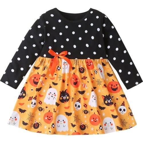 1-6Years Toddler Kids Girls Halloween Dress Round Neck Long Sleeve Polka Dots Cartoon Printed Patchwork Mini Dress