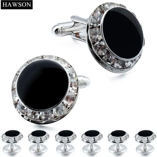 HAWSON Classic Black Enamel Crystal Cuff Links Studs Tuxedo Shirt Jewelry Polished Mens Wedding Gift Cufflinks High Quality