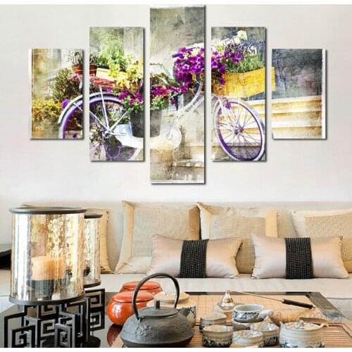 Badhams 5 Pieces Canvas Painting Frameless Poster Purple Flower Print Printing 80S Bicycle Home Decoration Wall Sticker