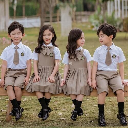 Children Kindergarten School Uniforms Set Summer British Style Boys Girls Short-sleeved Shirts Shorts/ Skirt Clothing Set