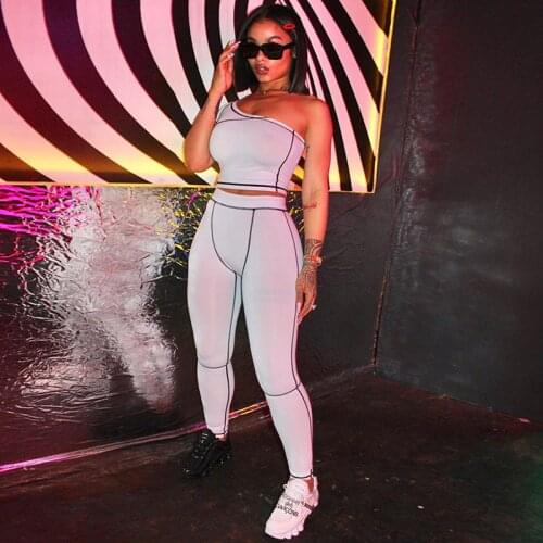 Sexy One Shoulder 2 Two Piece Set Tracksuit Women Crop Top+Elastic Leggings Pants Sets Summer Bright Line Skinny Sport Outfits