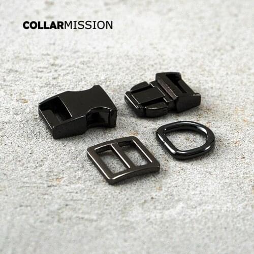 Metal buckle+Tri-Glid+D ring/set) Retailing 15mm metal plated buckle for DIY dog collar set harness DIY accessories gun black