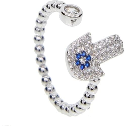 Fashion silver color ball bead band unique open adjust design hamsa hand fatimas hand charm bezel cz elegant lady women rings