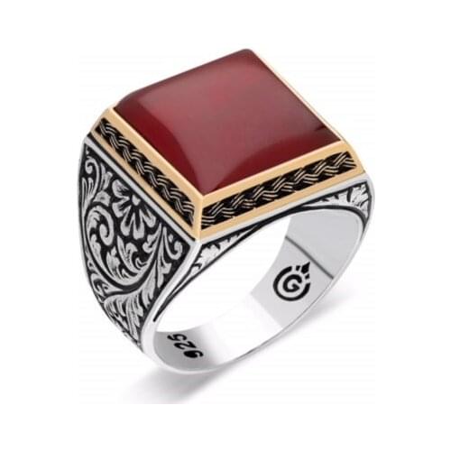 Silver Agate Stone Mens Ring Turkish Handmade Ring 925 Sterling Silver
