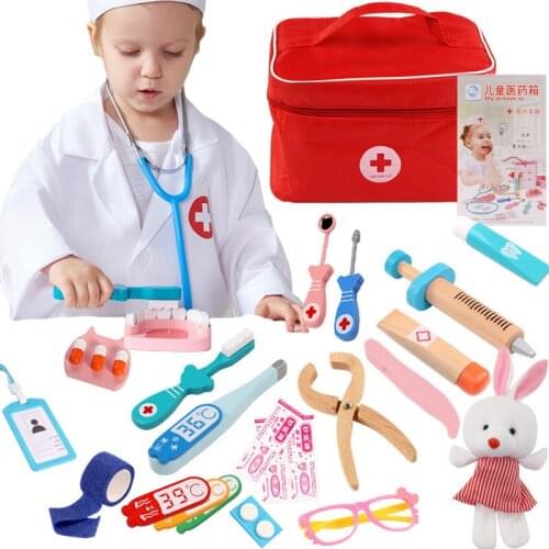 Kids Wooden Doctor Toy Set Simulation Family Doctor Nurse Medical Kit Toy Pretend Play Hospital Medicine Accessorie Children Toy