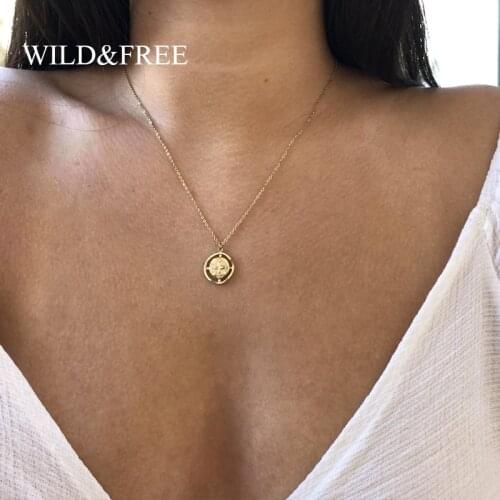 Wild&Free New Simple Pendant Necklace For Women Stainless Steel Round Carved Cross Pendients Necklaces Female Jewelry