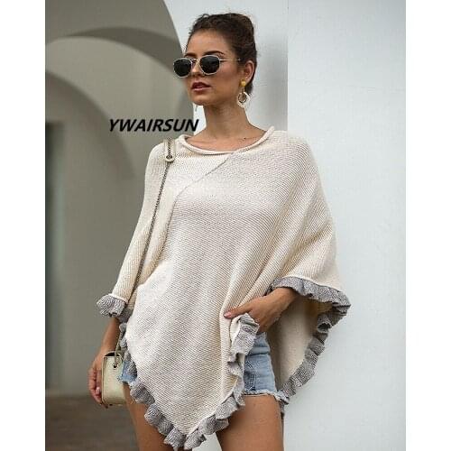 YWAIRSUN Cloak shawl curled collar ruffled hem solid color ladies sweater knitted female scarf pashmina hot sale datting party
