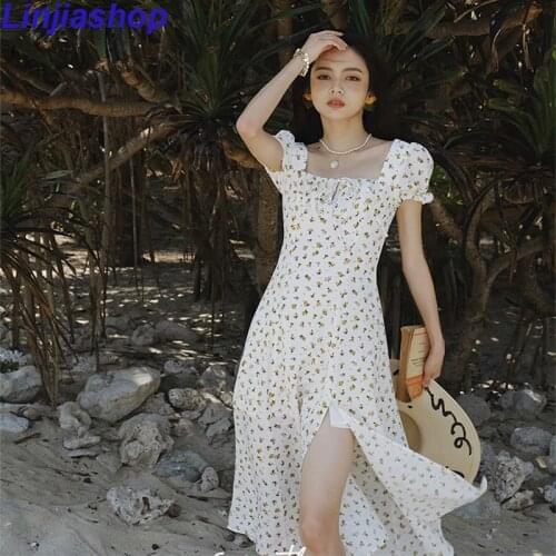 Woman Summer Dress Fashion Bow Print Midi Dress Women Short Sleeve Vintage Puff Sleeve Vacation Casual Dresses