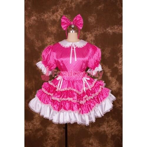 Sexy Lockable Hot Pink Circle Satin Lace Sissy Maid Short Dress Cosplay Costume Uniform[S006]