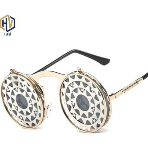 Fashion Men Round Punk Sunglasses party glasses Unique Women Steampunk Sunglasses Springs legs Flip Party Glasses