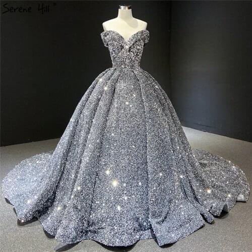 Serene Hill Silver Grey Sequined Wedding Dress 2020 Dubai Sleeveess Sexy Luxury Bridal Gown Custom Made CHM66742