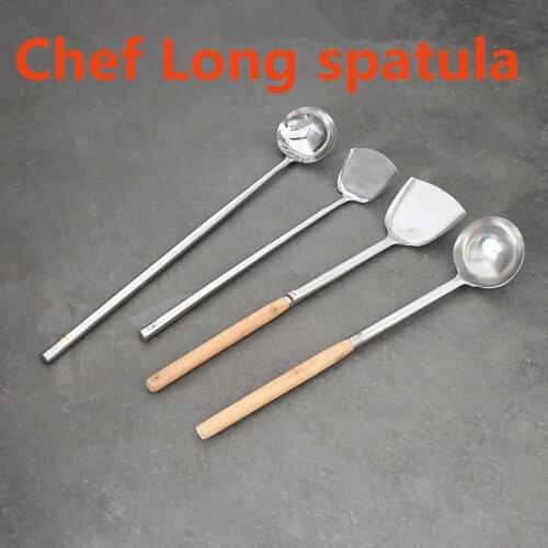 Extra long stainless steel wooden handle spatula Soup spoon cooking canteen kitchen China wok chef soup factory spatula Turner