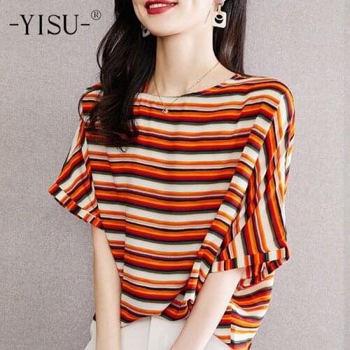 YISU 2021 Summer clothes for women Loose stripe O-Neck Summer tops Short sleeve Jumper Female Casual Knitted Thin T-shirt