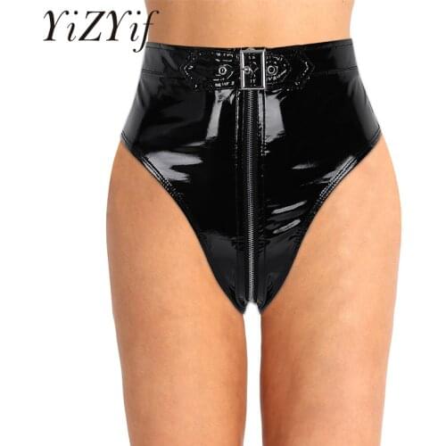 YiZYiF Black Sexy Underwear Panties Women Lingerie Wet Look PVC High Cut Front Zippered with Belt Briefs Women Sexy thong string