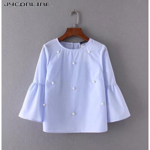 JYConline 2017 Women Vintage Beading Blouses Flare Sleeve Shirts Women Tops Feminine Blusas Lady Loose Shirt Summer Tops O-neck