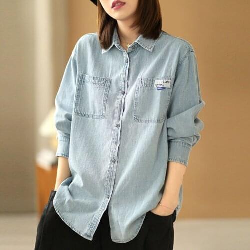 QPFJQD Ladies Turn Down Collar Long Sleeve Casual Loose Pocket Shirts Spring Autumn Women Korean Style Simple Denim Blouses