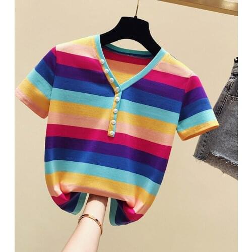 Rainbow stripe T Shirt Summer v-neck Women Short Sleeve Leisure Top Tee Casual Ladies Female T Shirts 2021 woman tshirts