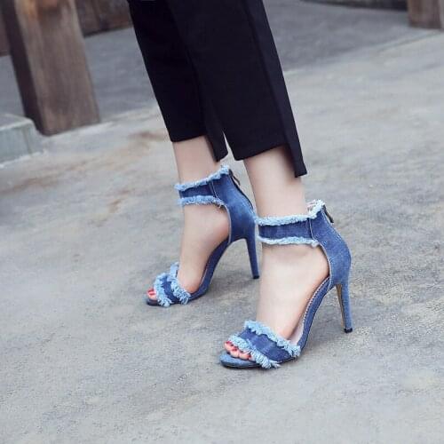 YMECHIC 2018 Summer Womens Shoes Denim Fringe Concise Casual Ladies Shoes Woman Open Toe Thin High Heels Sandals Plus Size 43