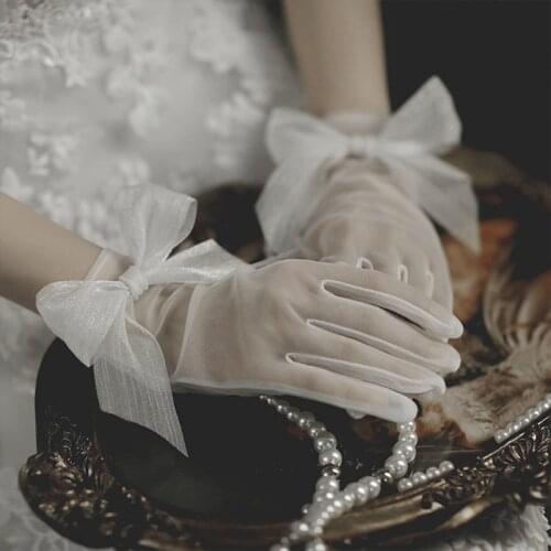 Women Sweet Wedding Sheer Short Gloves Handmade Beaded Bowknot Decor Bridal Prom Party Mittens