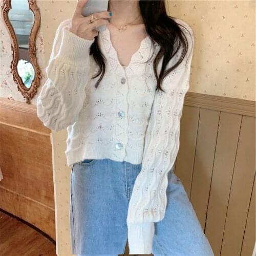 New Autumn Knitted Sweater Women Cardigan Elegant Hollow Out Single Breasted Loose Femlae Tops Long Sleeve V Neck Out Wear 2021