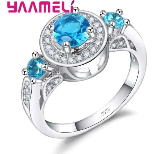 Romantic Blue Round Crystal Stone Ring 925 Sterling Silver Engagement Anniversary Jewelry For Women Thanksgiving