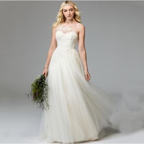 Scoop Sleeveless Sheer Neck Appliques Lace Backless A-Line Tulle Wedding Dress 2021 Vestido De Noiva Bridal Gown