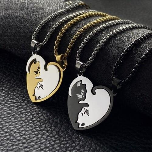 Yin Yang Tai Chi 1 Pair Puzzle Splice Cat Stainless Steel Pendant Necklace Heart Love Jewelry Couples Valentines Day Gift