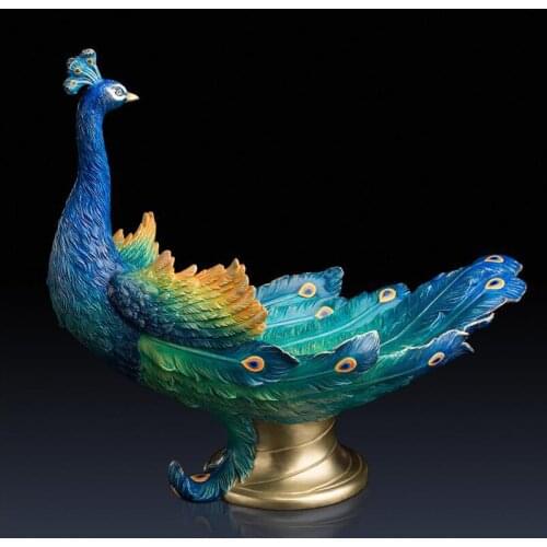17.7 inches China Art Deco Pure Brass painted peafowl tray decorate sculpture Decoration Home Furnishings Gift Statue