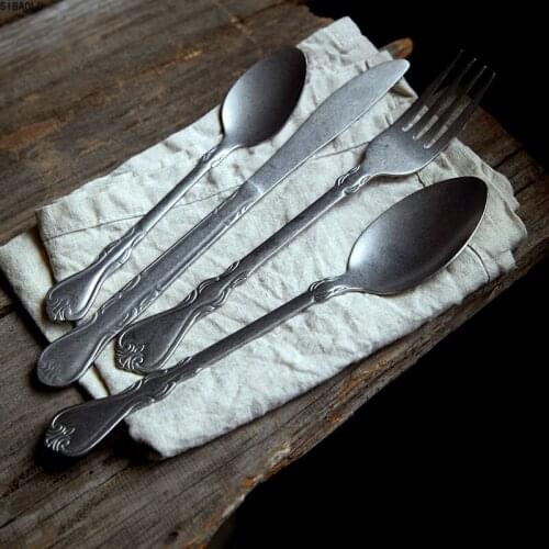 4PCS Dinnerware Set Retro Cutlery 304 Stainless Steel Knife Fork Dessert Spoon Kitchen Tableware Steak Fruit Flatware Silverware