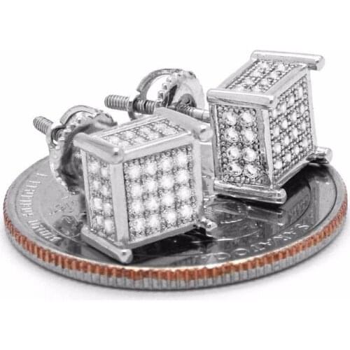 Promotion Mens Silver Iced Out TC Cube Box Micro Pave 925 sterling silver Screw Back 4 Line Earrings