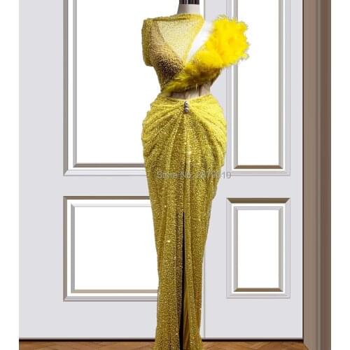 Elegant Yellow Evening Dress Sheath Floor-Length Slit Feathers Robe De Soiree Aibye Prom Dress вечернее платье Middle East Dubai