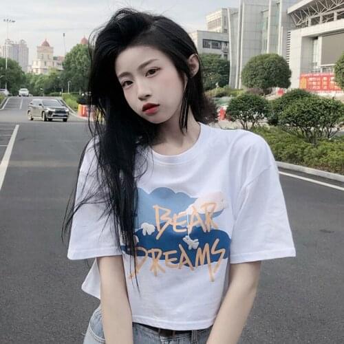 T-shirt Student Letter Printing Round Neck White Short-sleeved T-shirt Female Summer New Korean Style Loose Short Top