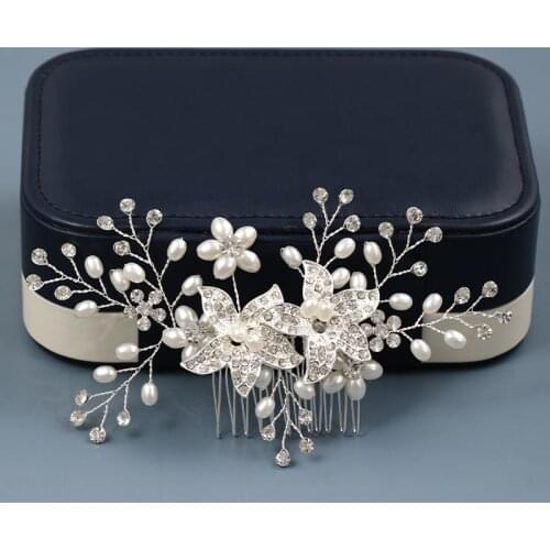 Luxury Pearl Crystal Flower Hair Comb Clip Silver Color Hair Fork Bride Headdress Women Hair Accessories Wedding Hair Jewelry