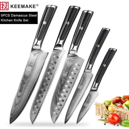 KEEMAKE Damascus Chef Bread Utility Santoku Paring Knife Japanese VG10 Steel Sharp Meat Cuter G10 Handle 5PCS Kitchen Knives Set
