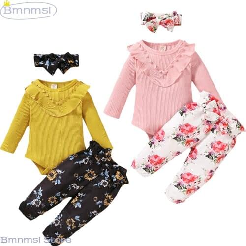 0-18M Autumn Spring Newborn Baby Girls Clothes Set Floral Print Long Ruffle Sleeve Romper Bow Trousers Headband 3 Pcs Outfits