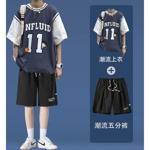 Teen Student Short-sleeved Suit Male Summer Korean Version of The Trend Handsome Shorts Thin Loose Five-sleeve T-shirt